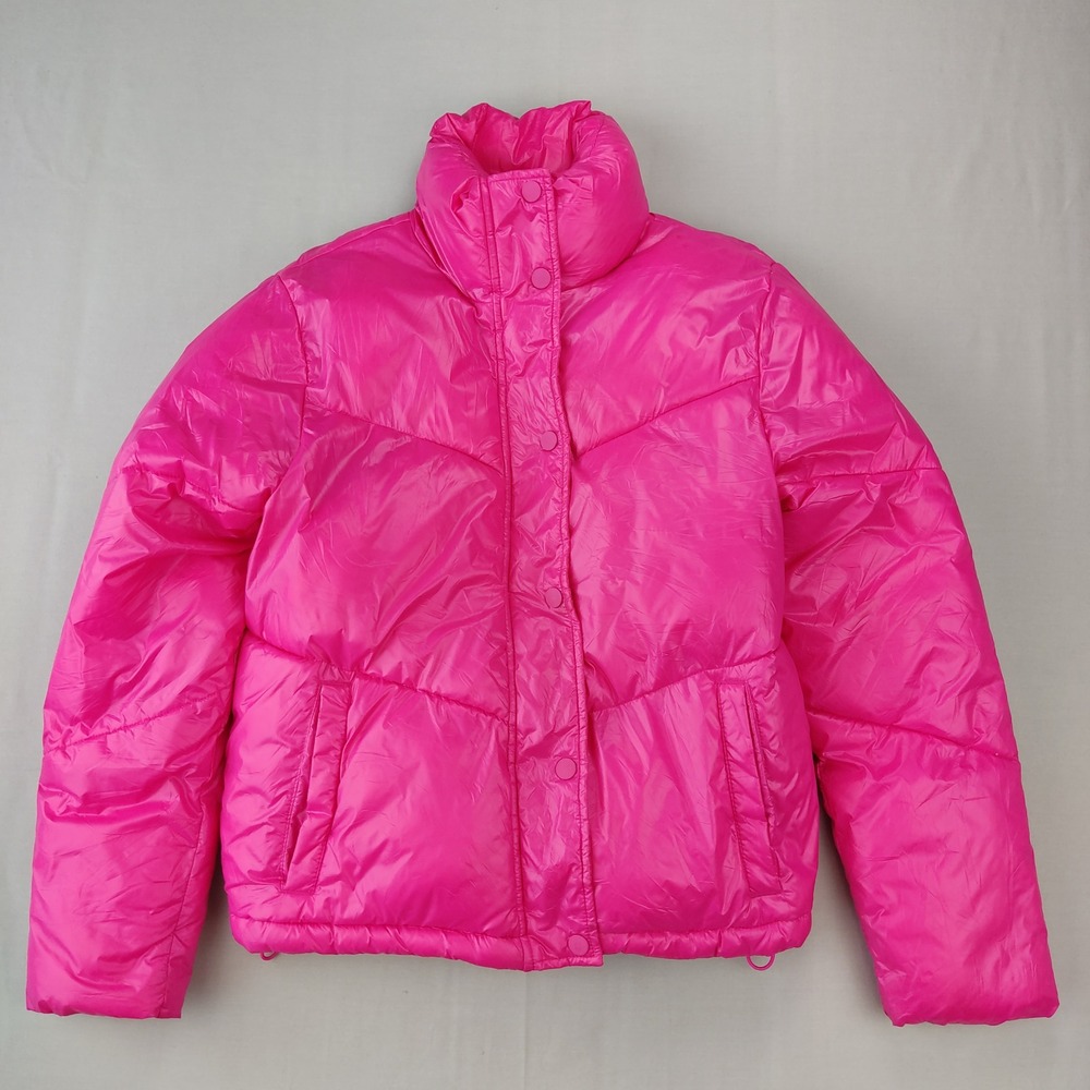 Wild Fable Puffer Jacket Women S Pink Neon Glossy Quilted Zip Up Snap Front